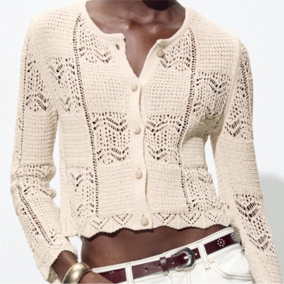 Zara Sweaters - ZARA Pointelle Ivory Knit Cardigan SZ Medium
